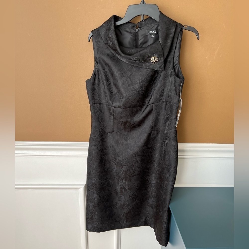 Tahari ASL Christopher Jacquard Envelope Collar Sheath Black Midi Dress Size 8 - Picture 2 of 5